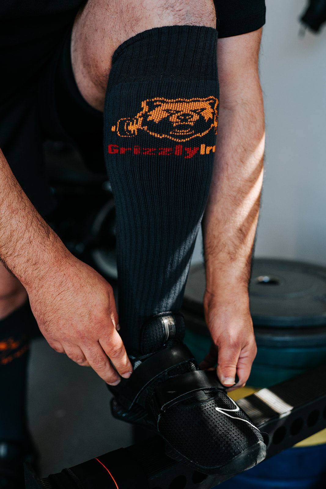GrizzlyIron First Pull knee-high weightlifting socks with SlideShield shin guard weave, Easy On and Stay Up compression