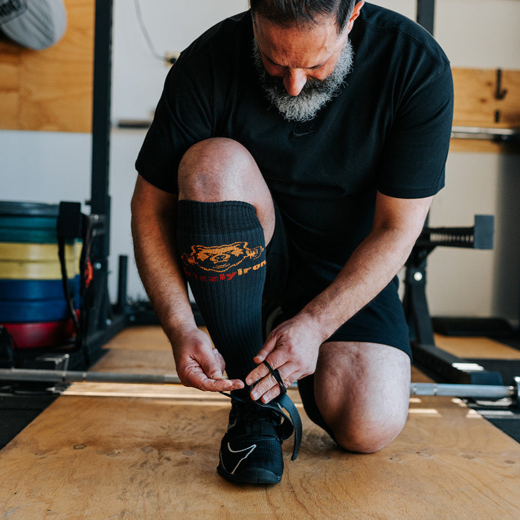 GrizzlyIron First Pull knee-high weightlifting socks with SlideShield shin guard weave, Easy On and Stay Up compression