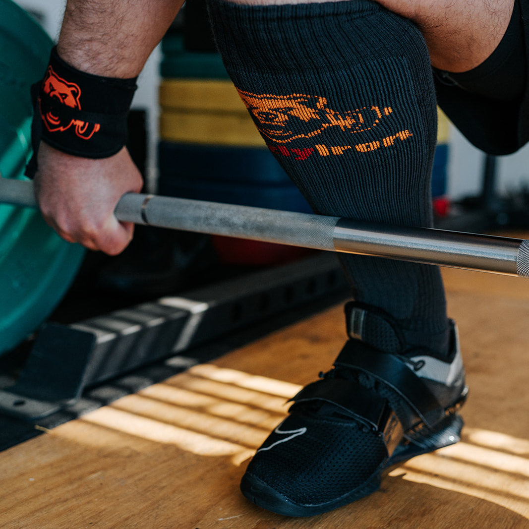 GrizzlyIron First Pull knee-high weightlifting socks with SlideShield shin guard weave, Easy On and Stay Up compression