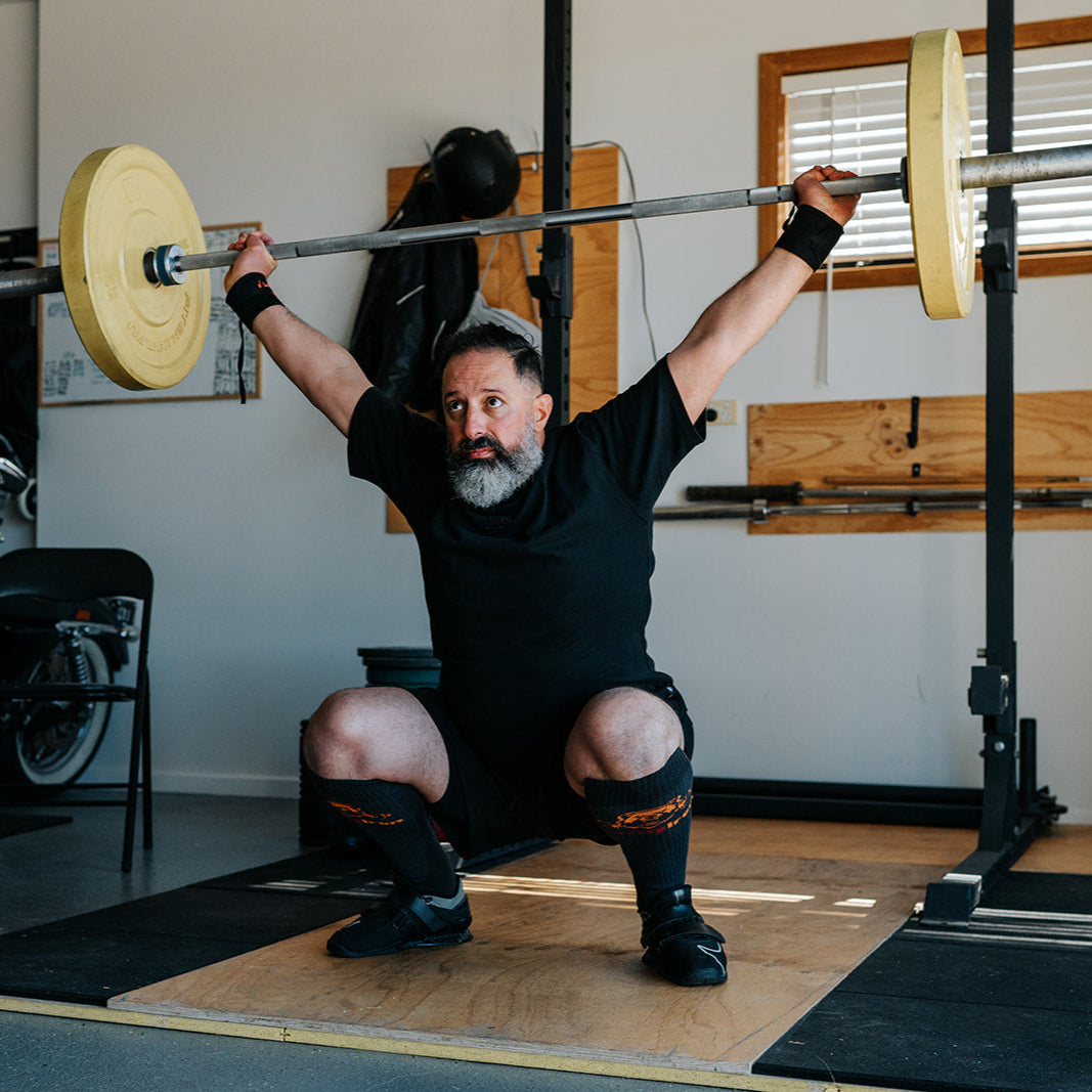 GrizzlyIron First Pull knee-high weightlifting socks with SlideShield shin guard weave, Easy On and Stay Up compression