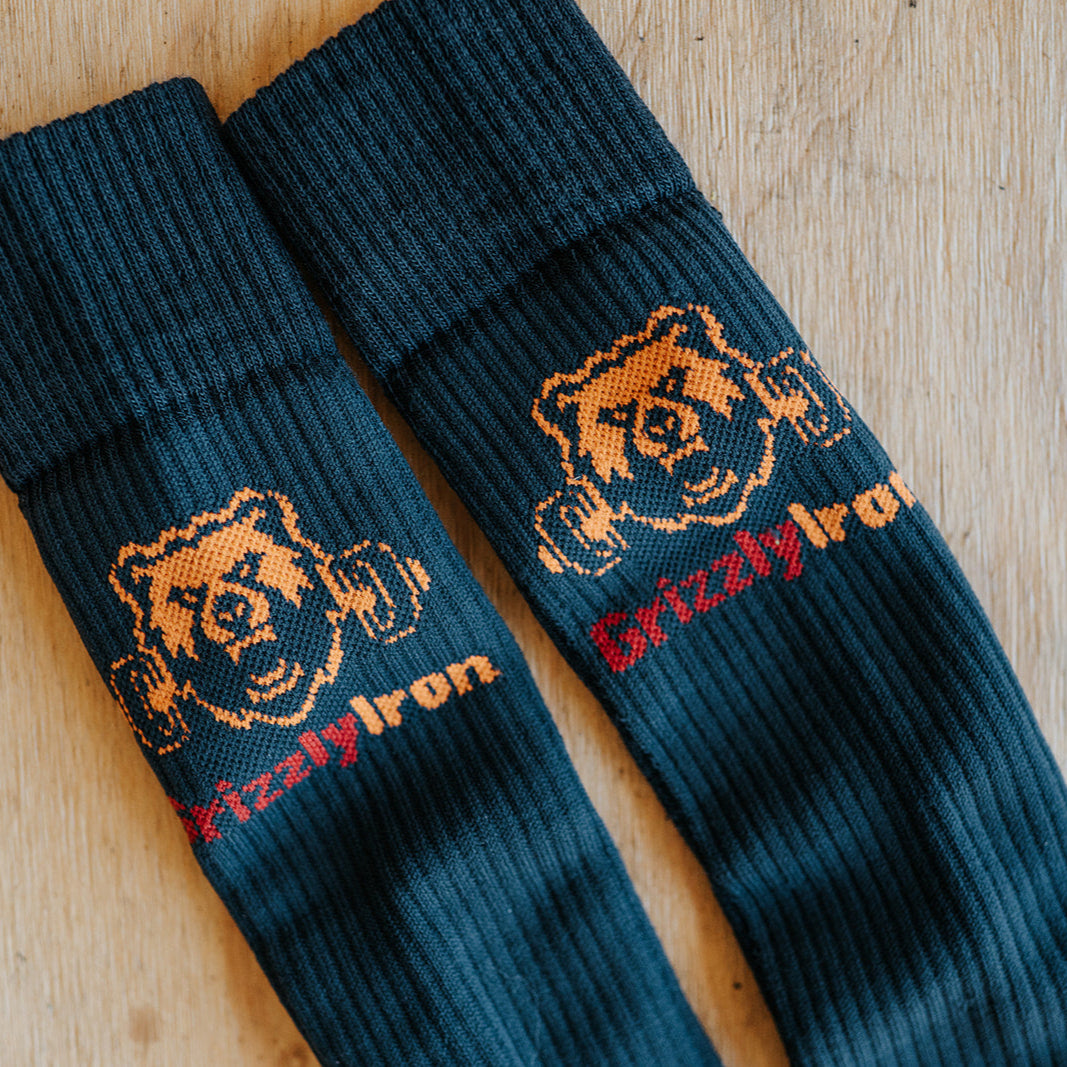 GrizzlyIron First Pull knee-high weightlifting socks with SlideShield shin guard weave, Easy On and Stay Up compression